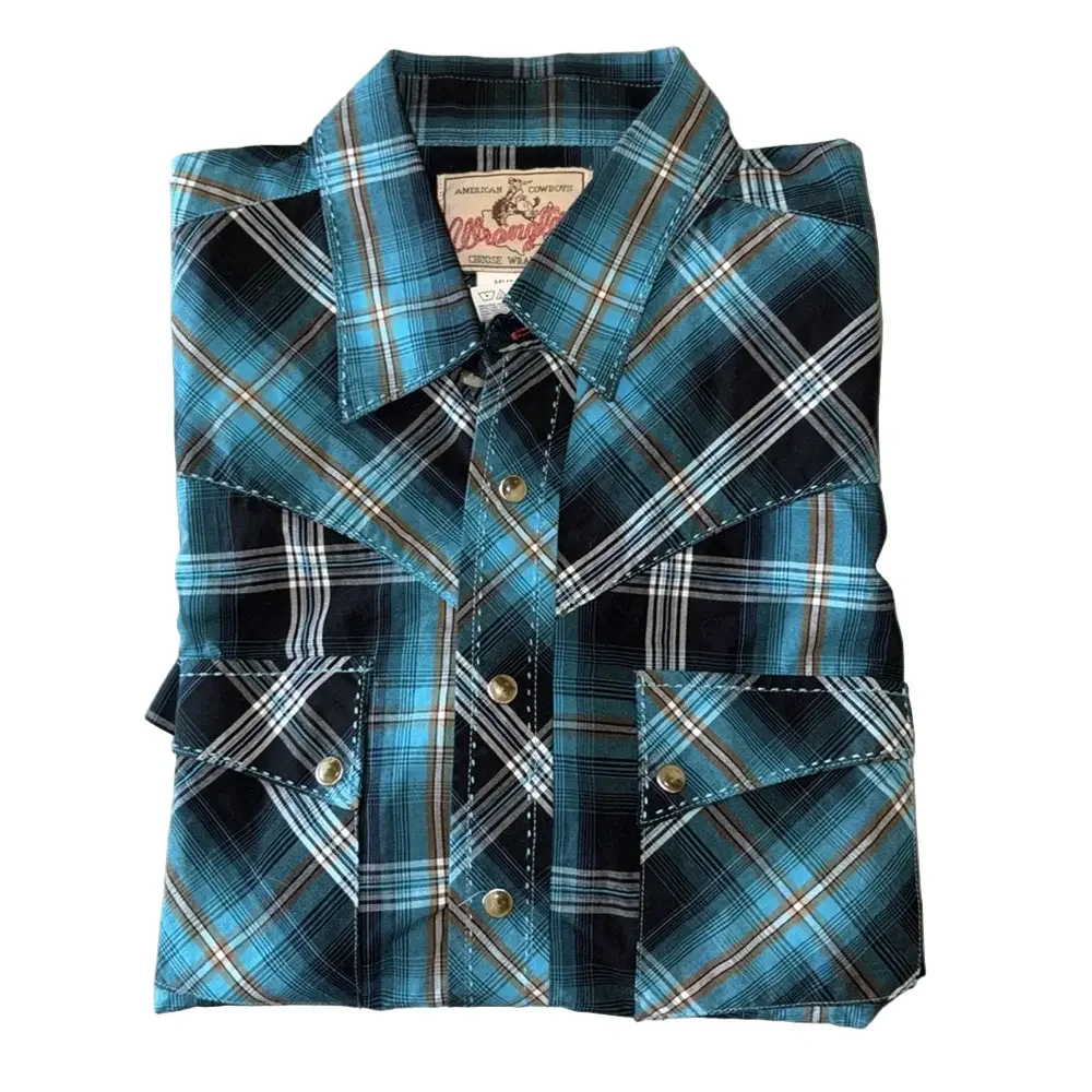 Wrangler Mens Medium Retro Inspired Blue Plaid Short Sleeve Shirt - Picture 5 of 5